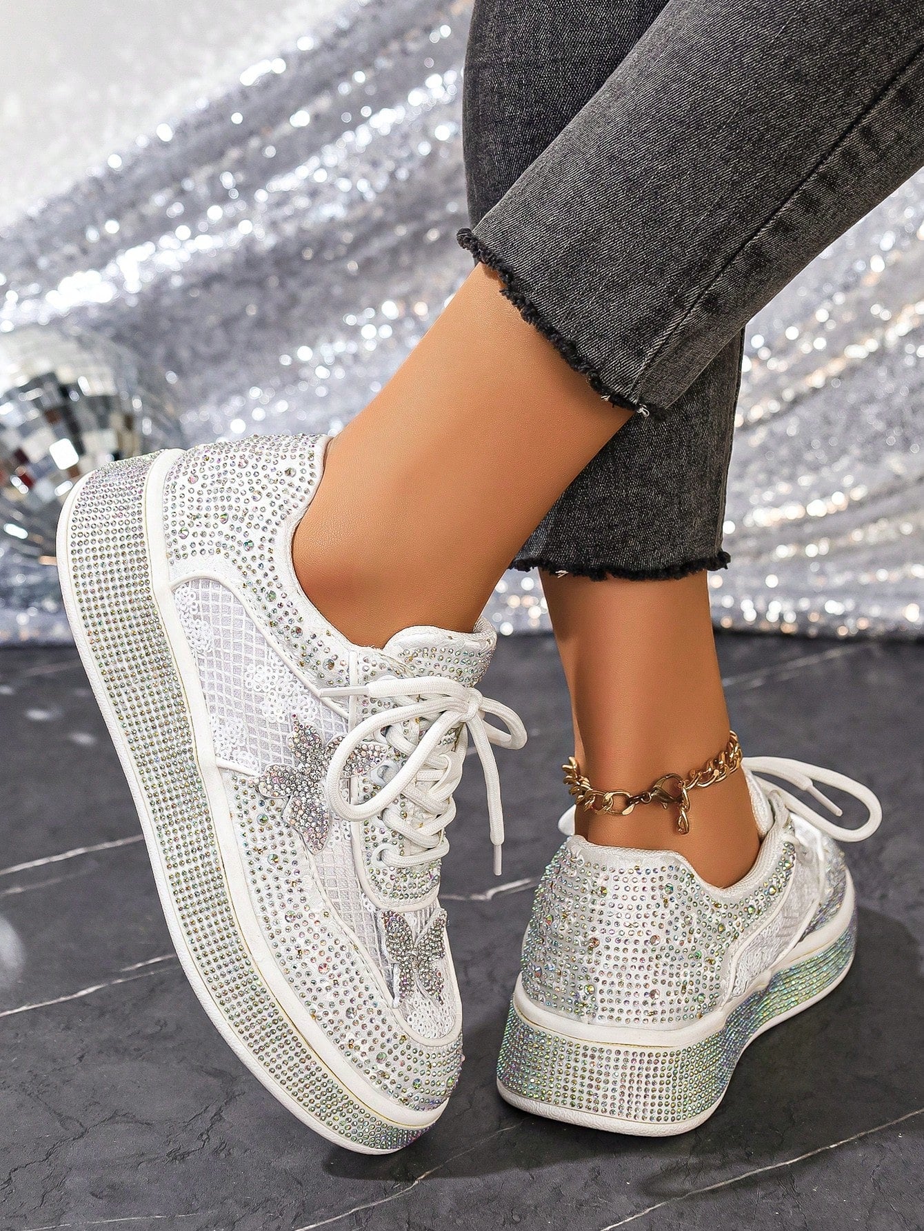 Comfortable Ultra-Light Fully Rhinestoned White Sneakers