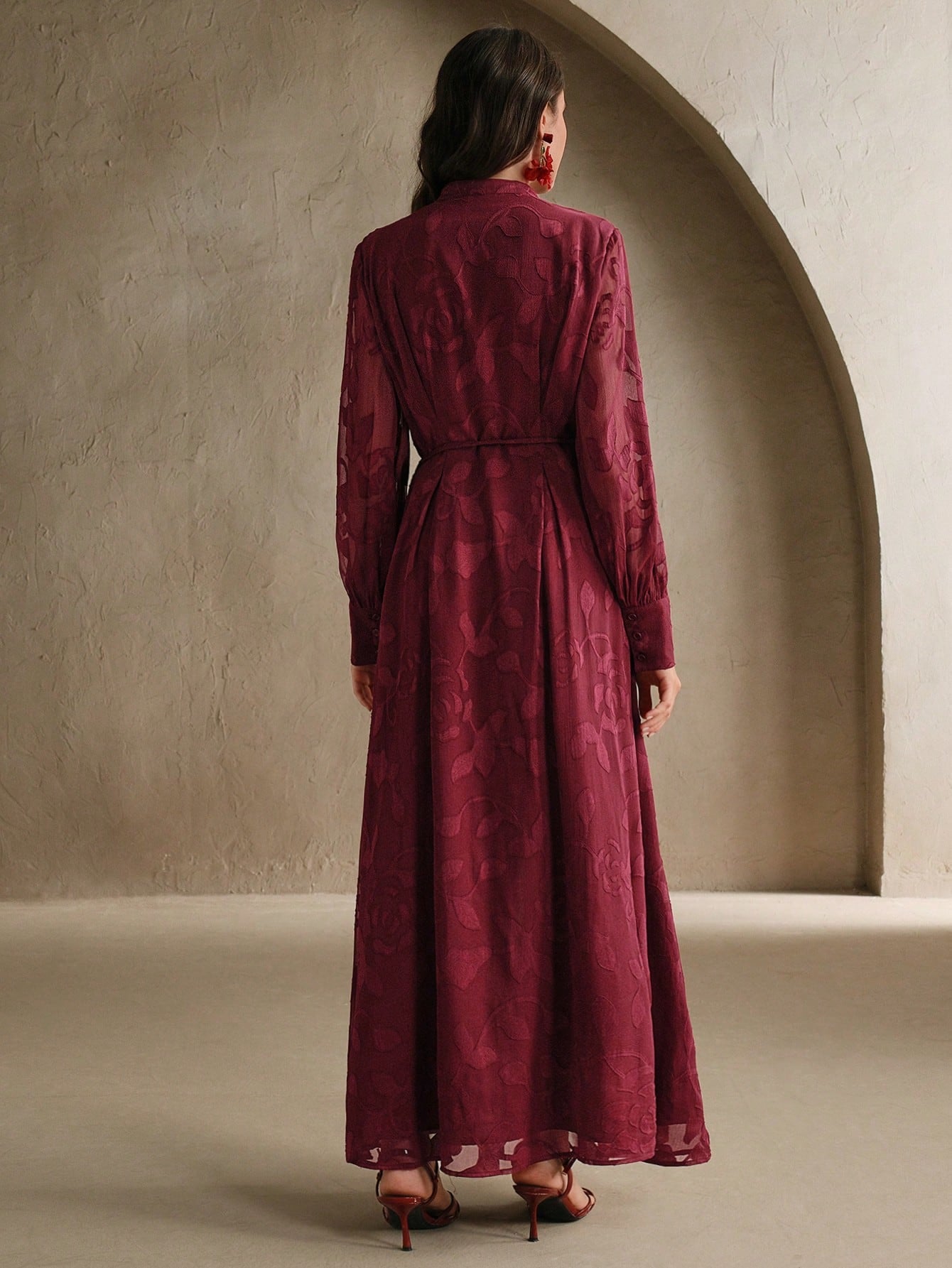 Elegant Floral V-Neck Lantern Sleeve Waist Cinched Dress