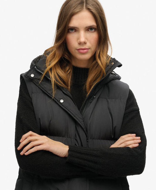 Longline Hooded Puffer Gilet | Black