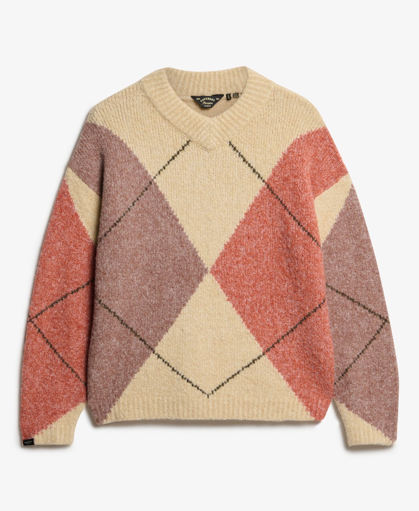 Oversized Argyle V Neck Jumper | Off White Multi