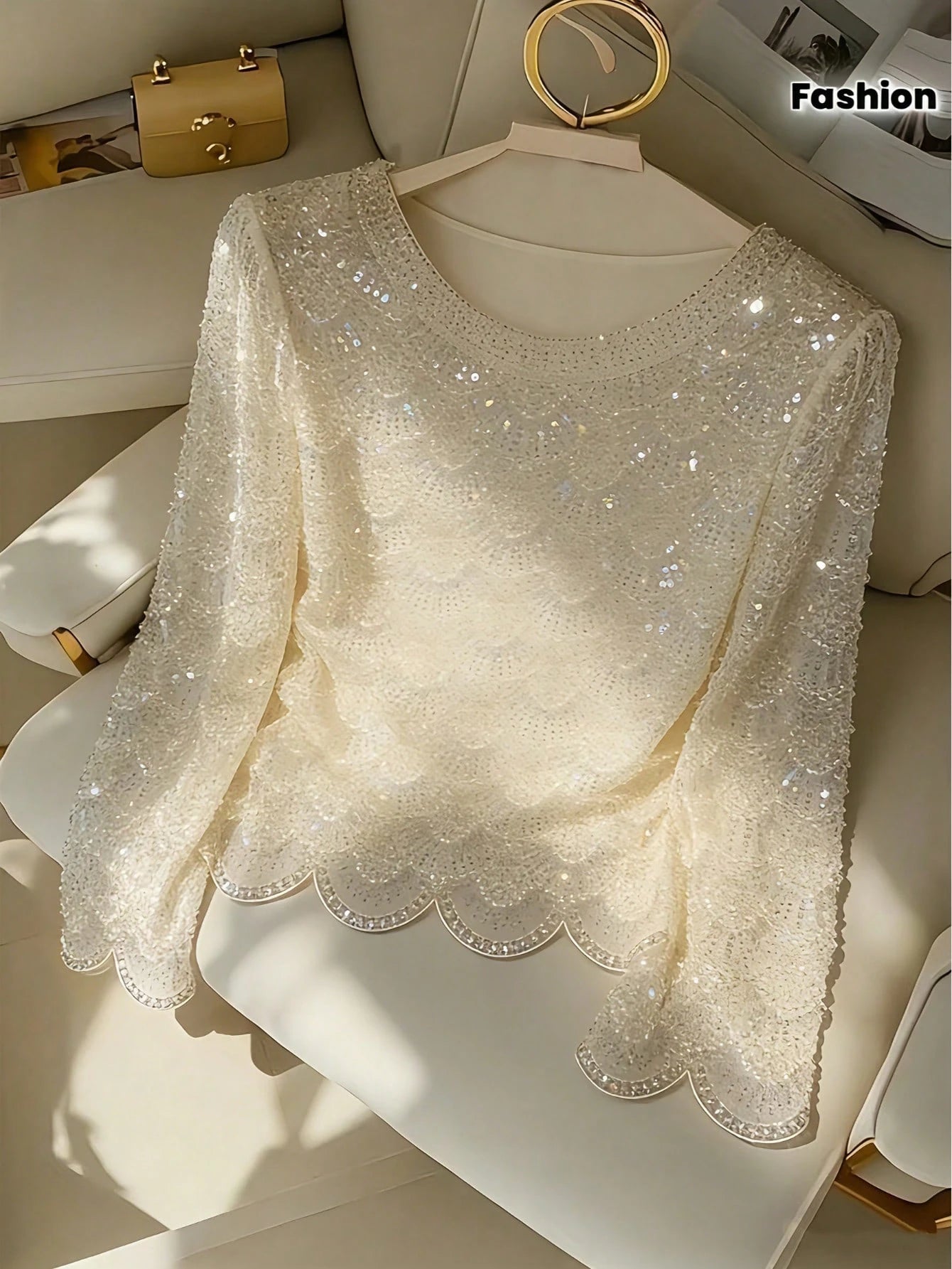 Women's Handmade Faux Pearl Tassel Semi-Sheer Blouse