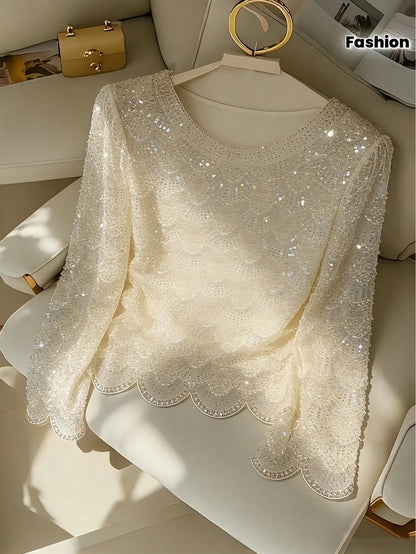 Women's Handmade Faux Pearl Tassel Semi-Sheer Blouse