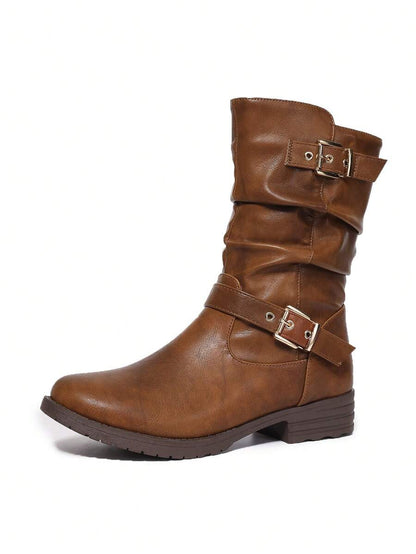 PU Leather Wavy Straps Buckle Patchwork Side Zipper Boots