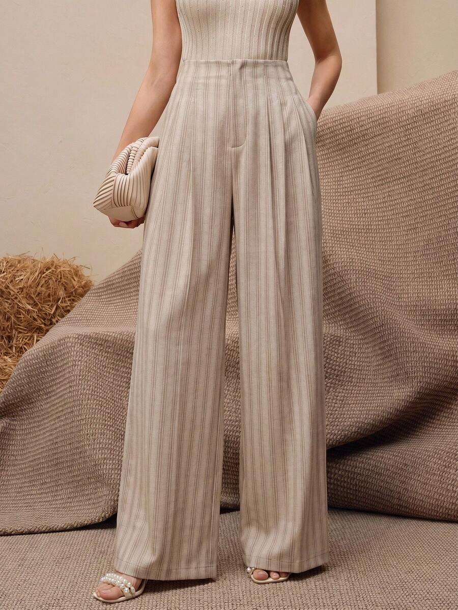 High Waist Pleated A-Line Striped Wide Leg Trousers