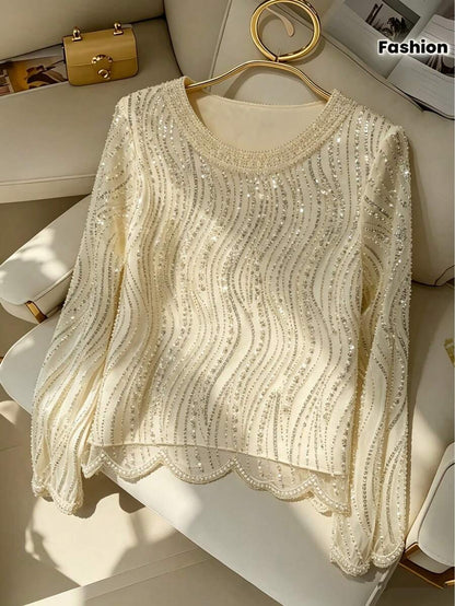 Elegant Luxurious Beaded & Sequin Round Neck Top