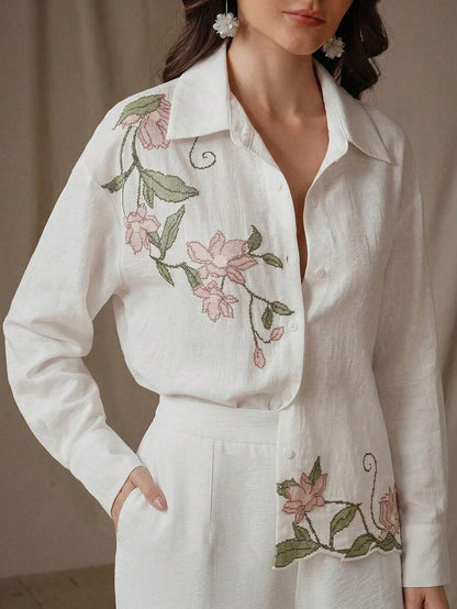 Elegant Embroidered Long Sleeve Casual Blouse For Women