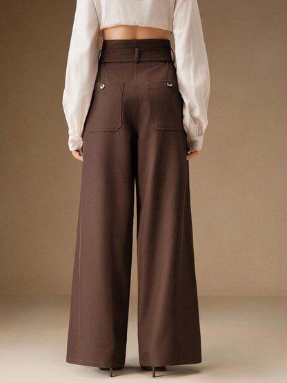 Women's Solid Color Pleated Wide Leg Pants