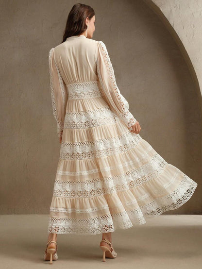 French Fashion Palace Hollow Splice Soft Lace Trim Maxi Dress
