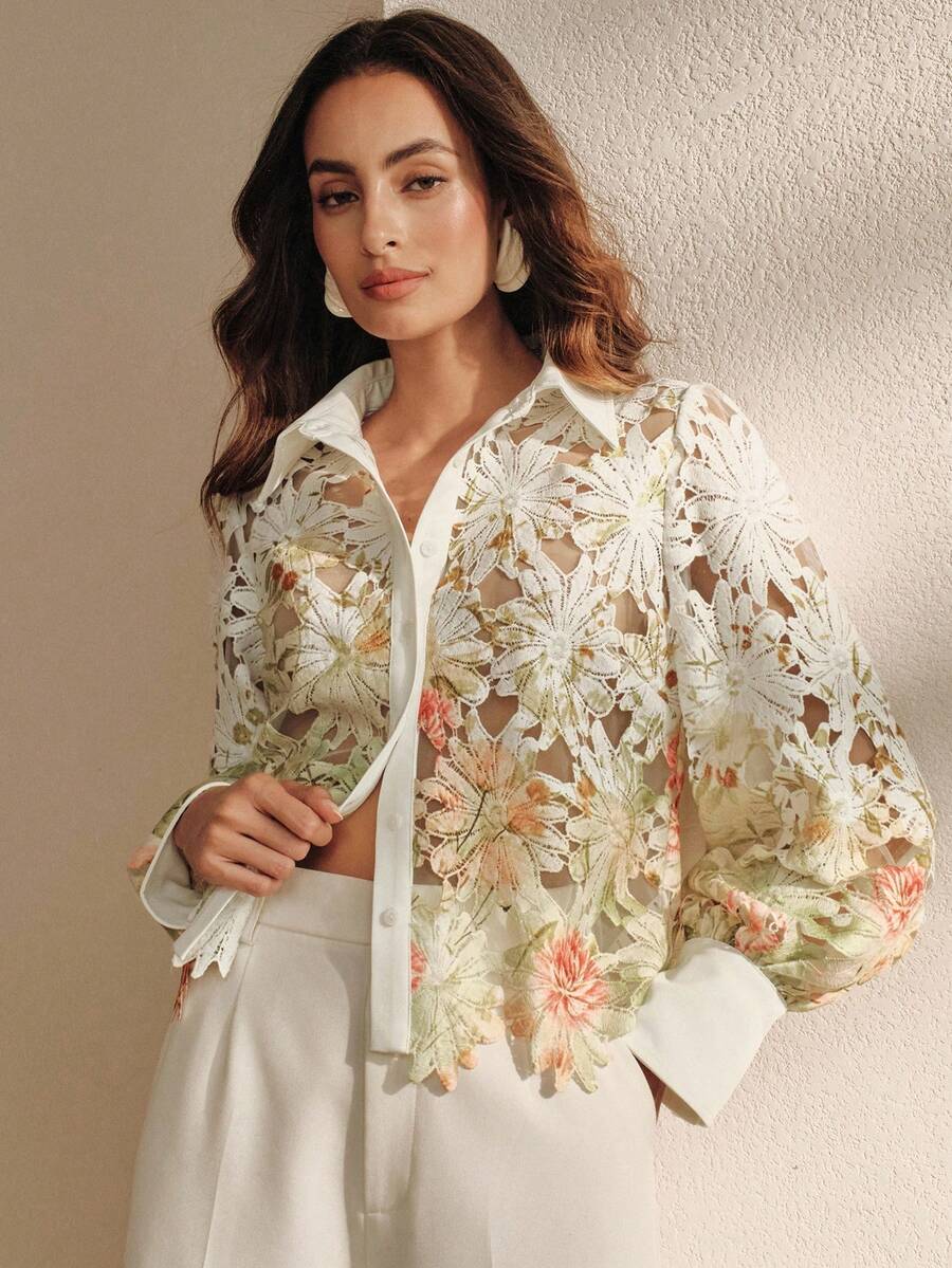 Women's Lightweight Luxury Versatile Printed Hollow Blouse