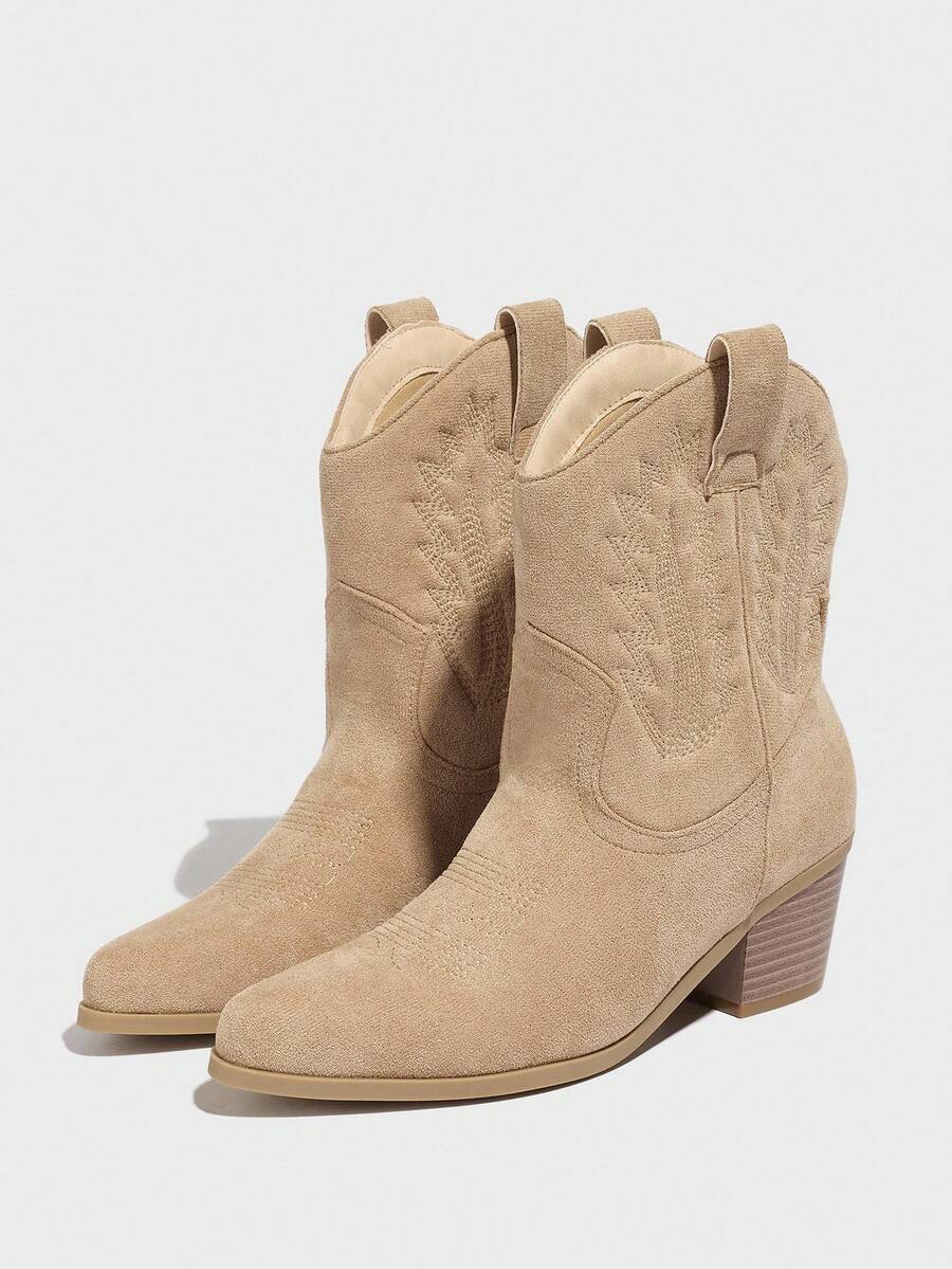 Suede Embroidered Mid-Heel Cowgirl Ankle Boots