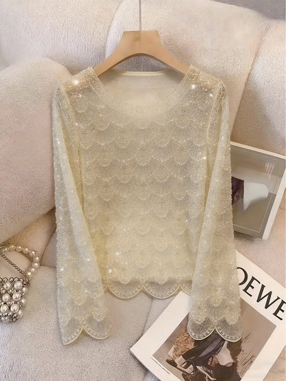 Women's Handmade Faux Pearl Tassel Semi-Sheer Blouse