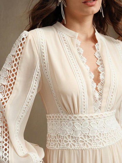 French Fashion Palace Hollow Splice Soft Lace Trim Maxi Dress