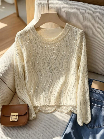 Elegant Luxurious Beaded & Sequin Round Neck Top