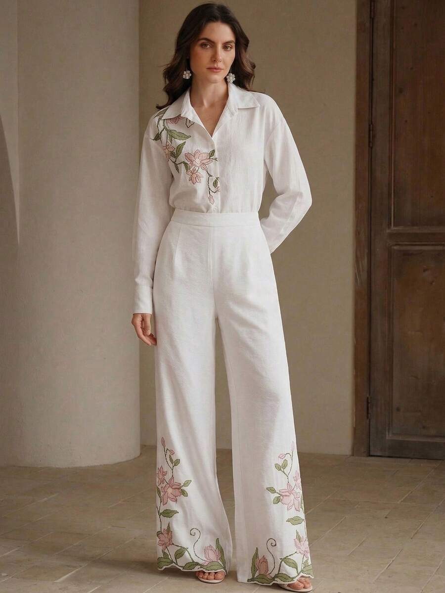 Elegant Embroidered Long Sleeve Casual Blouse For Women