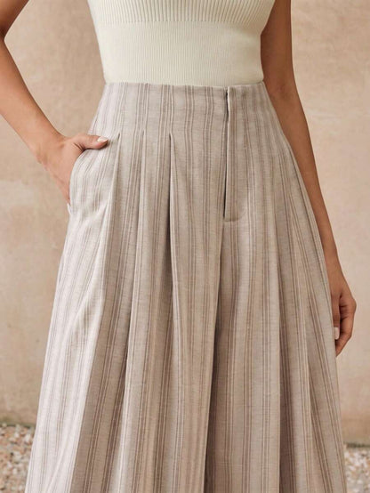 High Waist Pleated A-Line Striped Wide Leg Trousers