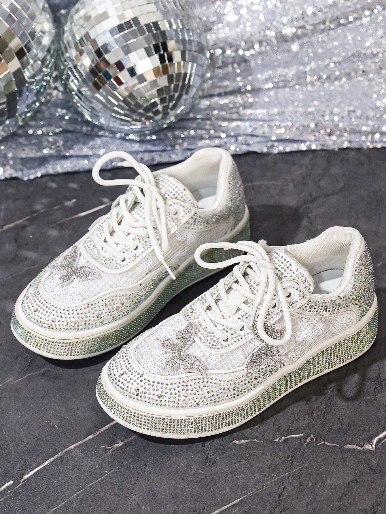 Comfortable Ultra-Light Fully Rhinestoned White Sneakers