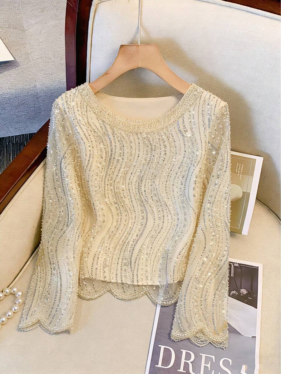 Elegant Luxurious Beaded & Sequin Round Neck Top