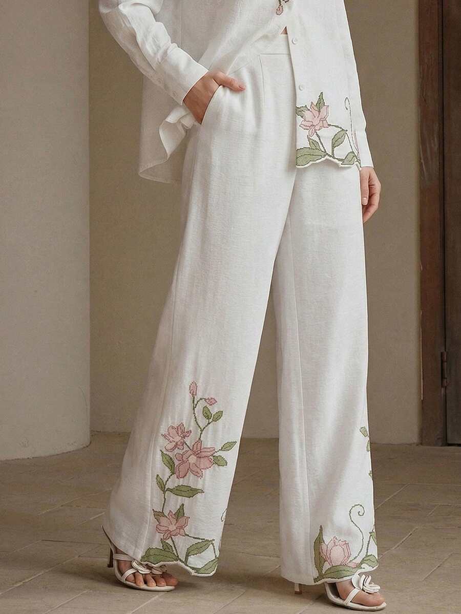 Women's White Elegant Casual Loose Pants