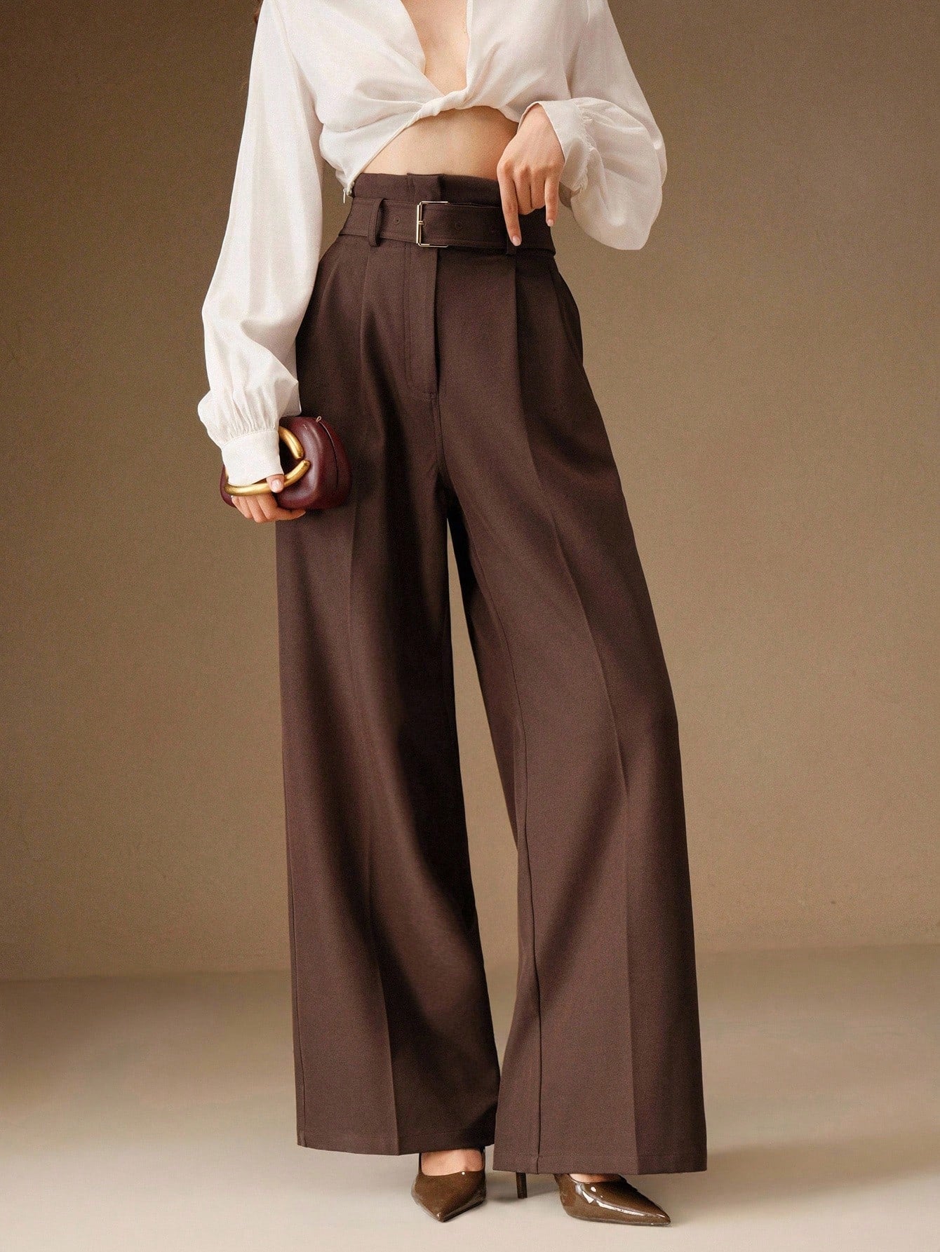 Women's Solid Color Pleated Wide Leg Pants