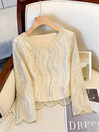 Elegant Luxurious Beaded & Sequin Round Neck Top