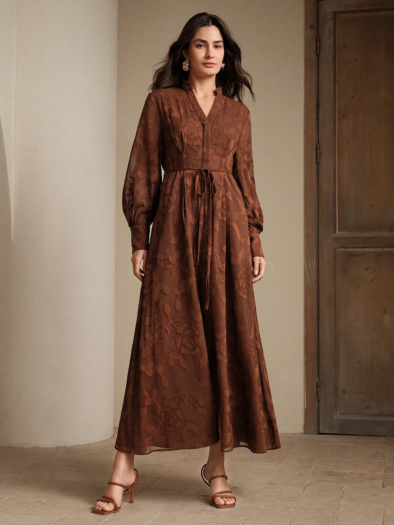 Elegant Floral V-Neck Lantern Sleeve Waist Cinched Dress