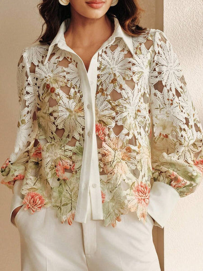 Women's Lightweight Luxury Versatile Printed Hollow Blouse
