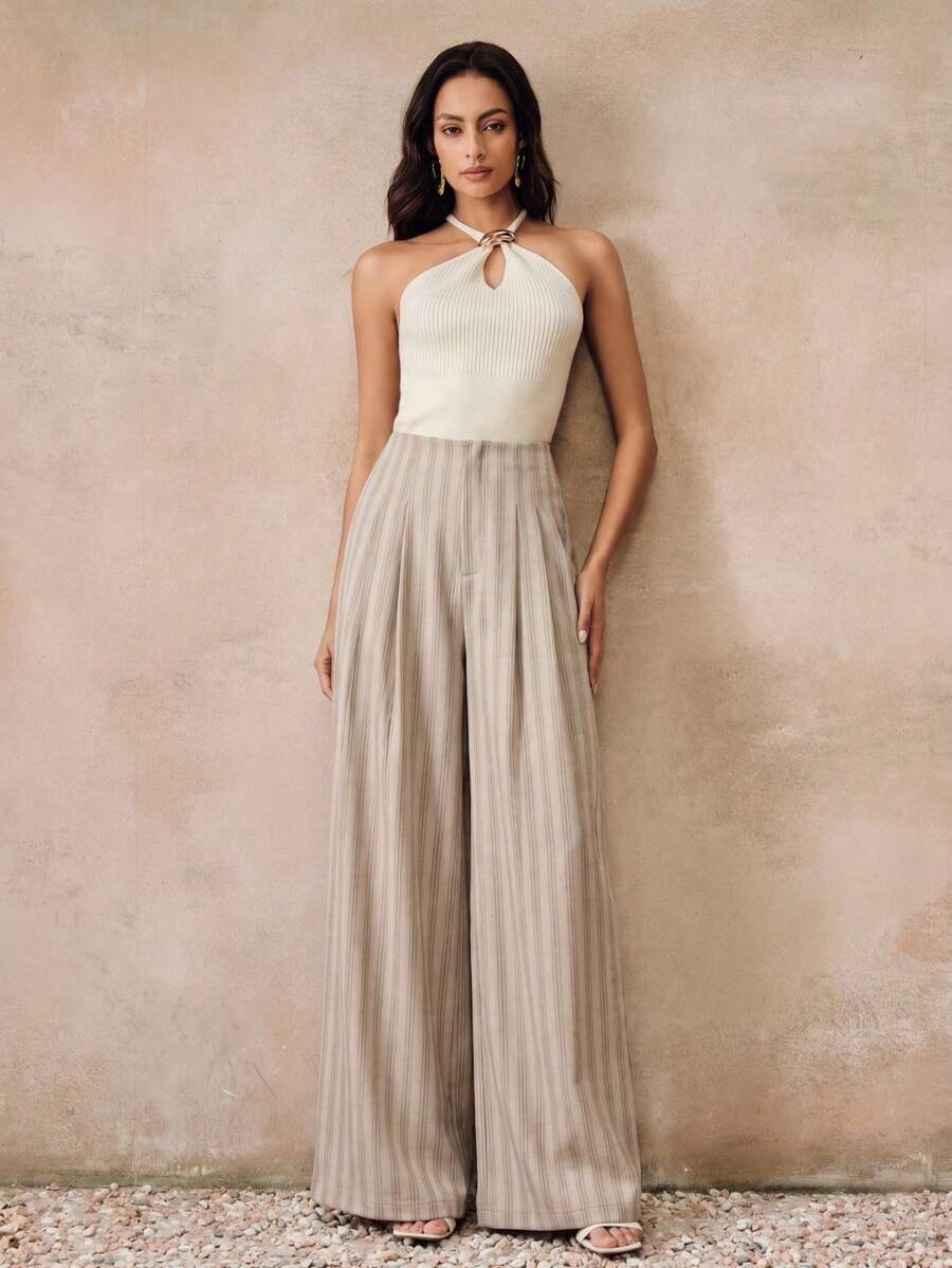 High Waist Pleated A-Line Striped Wide Leg Trousers