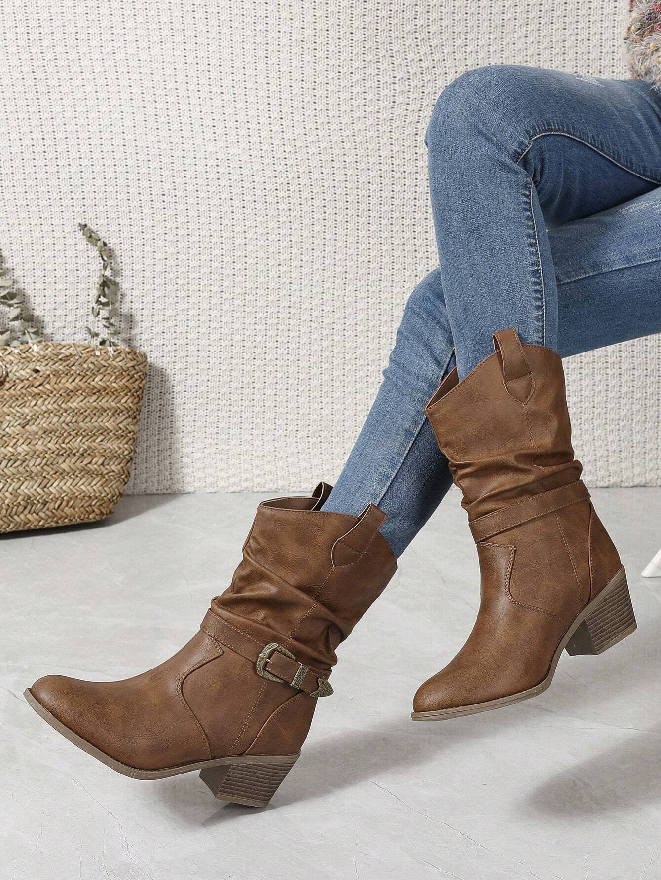 Buckle Decor Mid Calf Casual Riding Boots