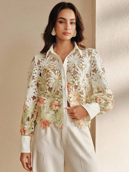 Women's Lightweight Luxury Versatile Printed Hollow Blouse