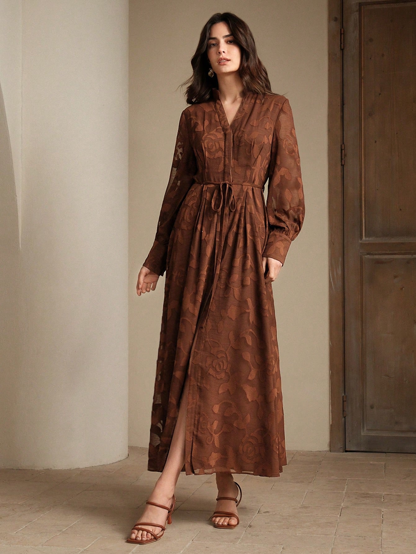 Elegant Floral V-Neck Lantern Sleeve Waist Cinched Dress