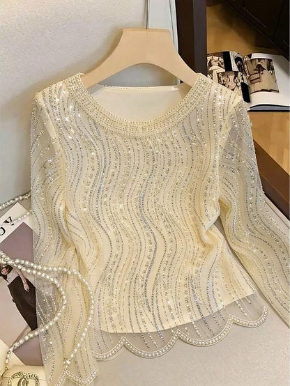 Elegant Luxurious Beaded & Sequin Round Neck Top