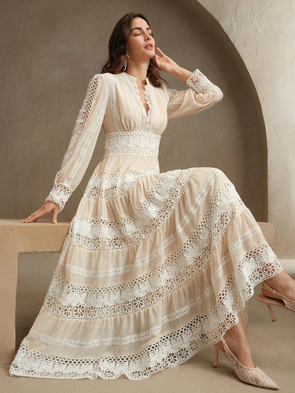 French Fashion Palace Hollow Splice Soft Lace Trim Maxi Dress