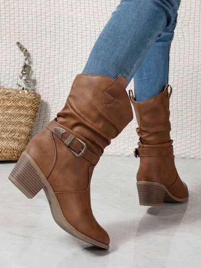 Buckle Decor Mid Calf Casual Riding Boots