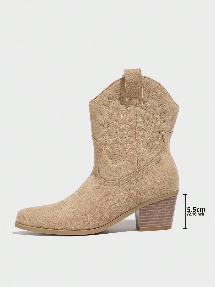 Suede Embroidered Mid-Heel Cowgirl Ankle Boots