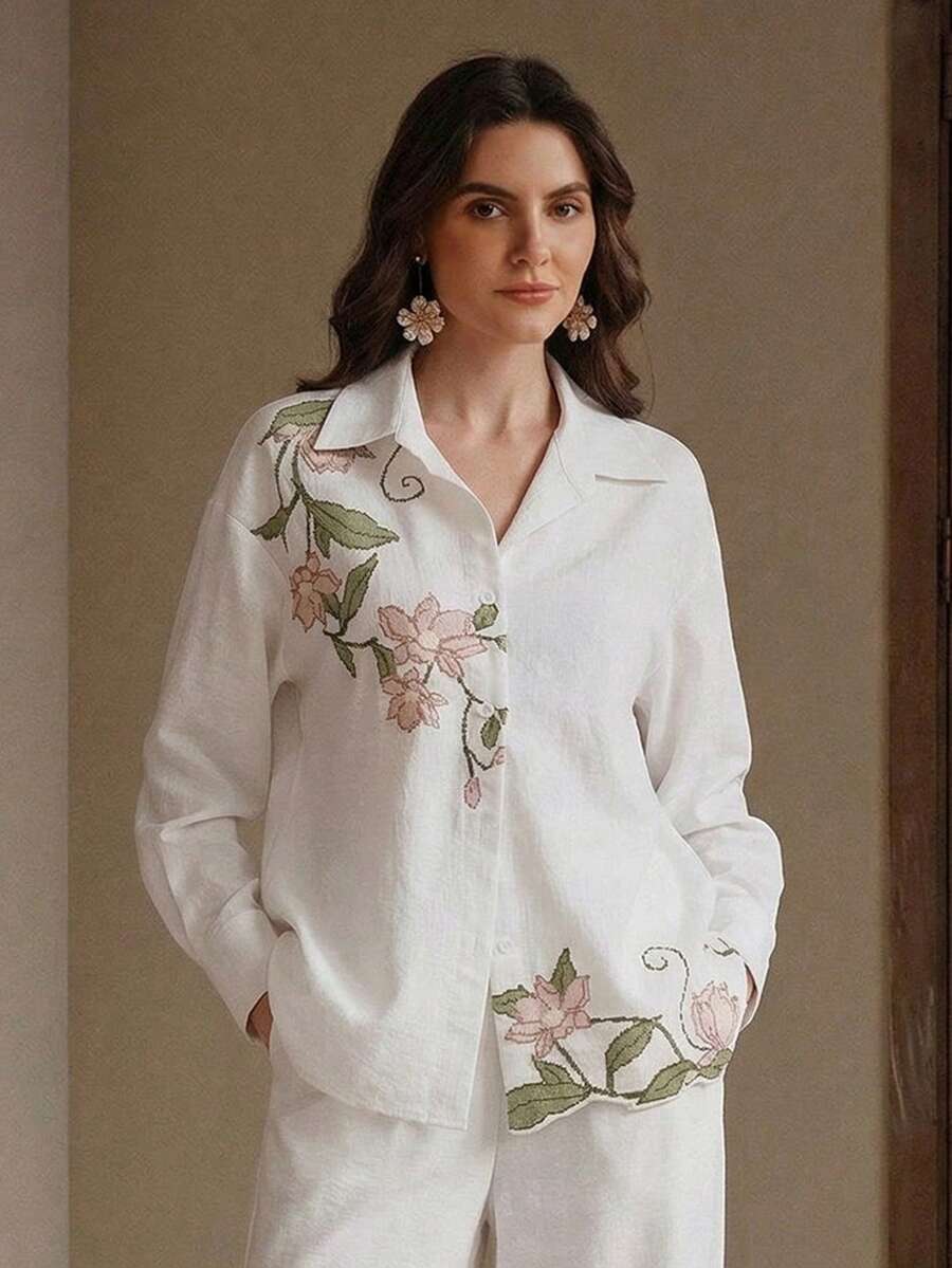 Elegant Embroidered Long Sleeve Casual Blouse For Women