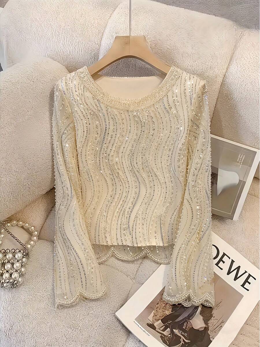 Elegant Luxurious Beaded & Sequin Round Neck Top