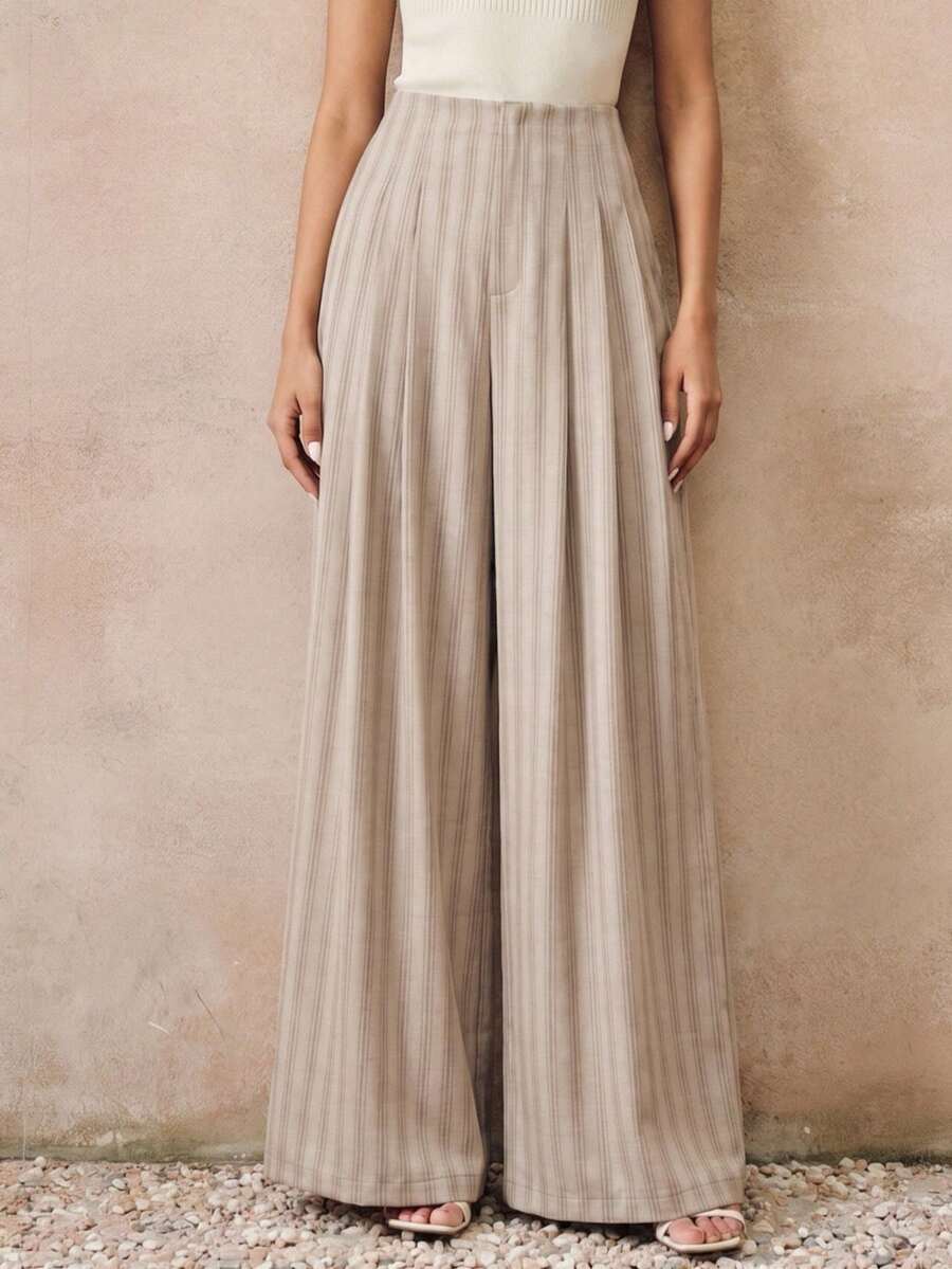 High Waist Pleated A-Line Striped Wide Leg Trousers
