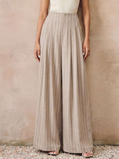 High Waist Pleated A-Line Striped Wide Leg Trousers