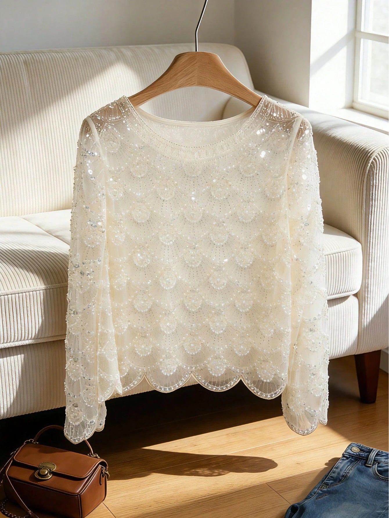 Women's Handmade Faux Pearl Tassel Semi-Sheer Blouse