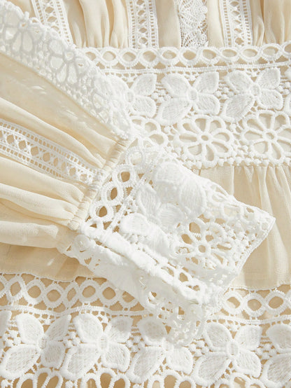 French Fashion Palace Hollow Splice Soft Lace Trim Maxi Dress