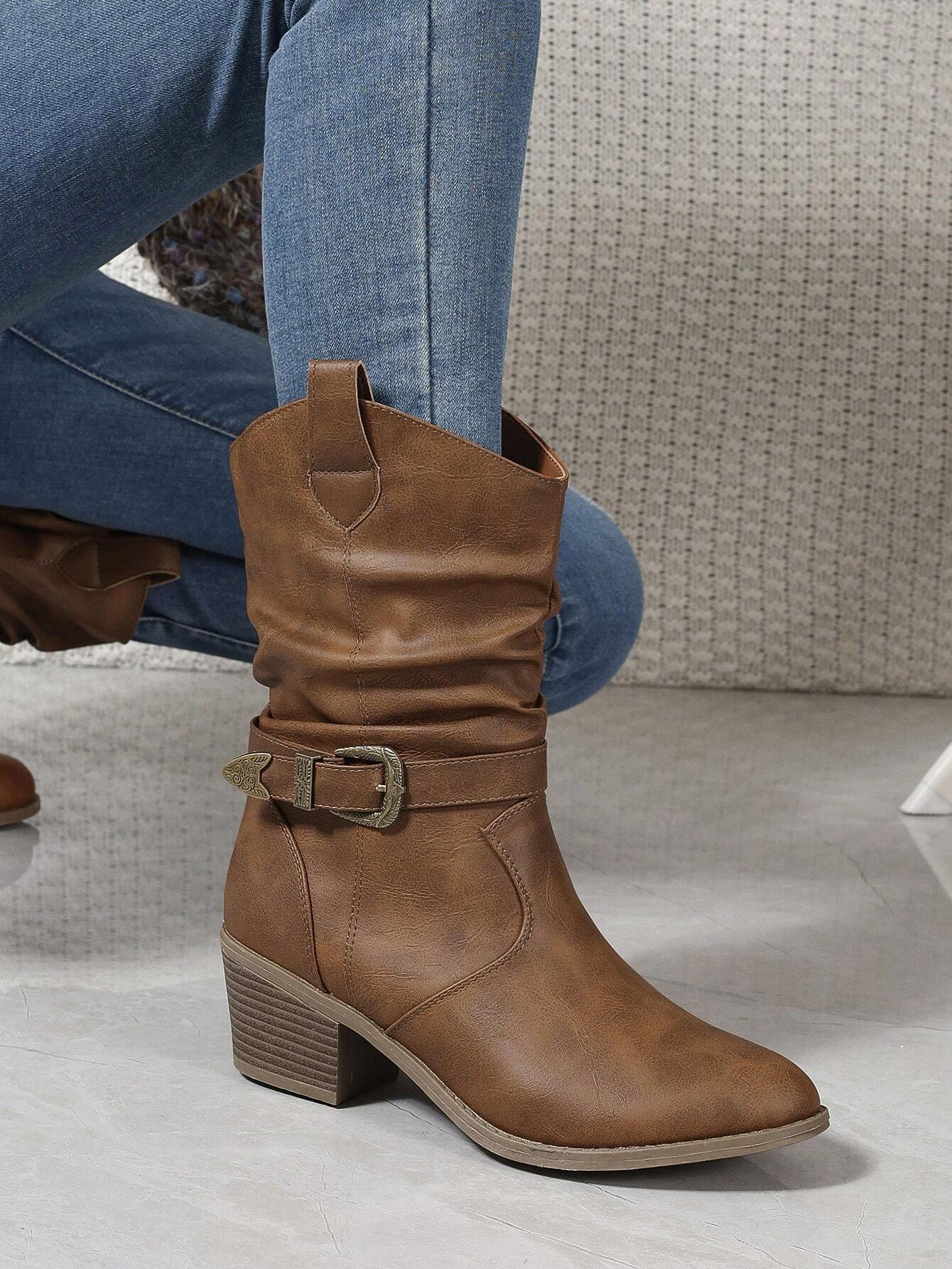 Buckle Decor Mid Calf Casual Riding Boots