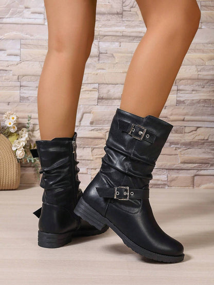 PU Leather Wavy Straps Buckle Patchwork Side Zipper Boots