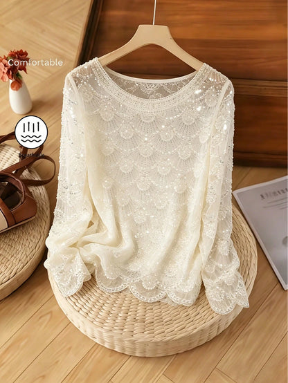 Women's Handmade Faux Pearl Tassel Semi-Sheer Blouse