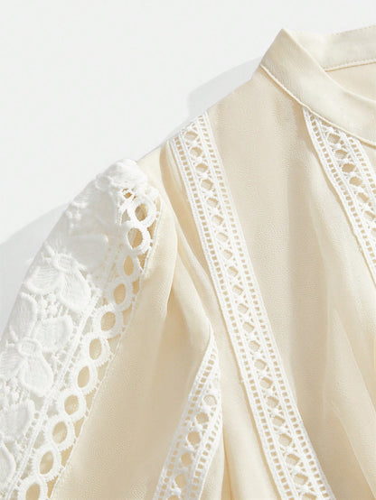 French Fashion Palace Hollow Splice Soft Lace Trim Maxi Dress