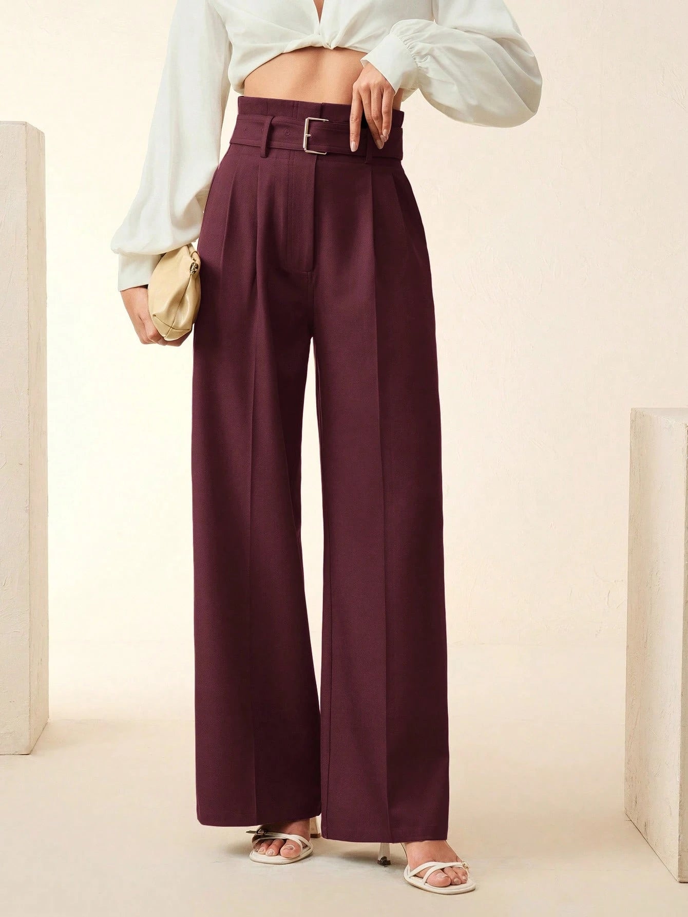 Women's Solid Color Pleated Wide Leg Pants