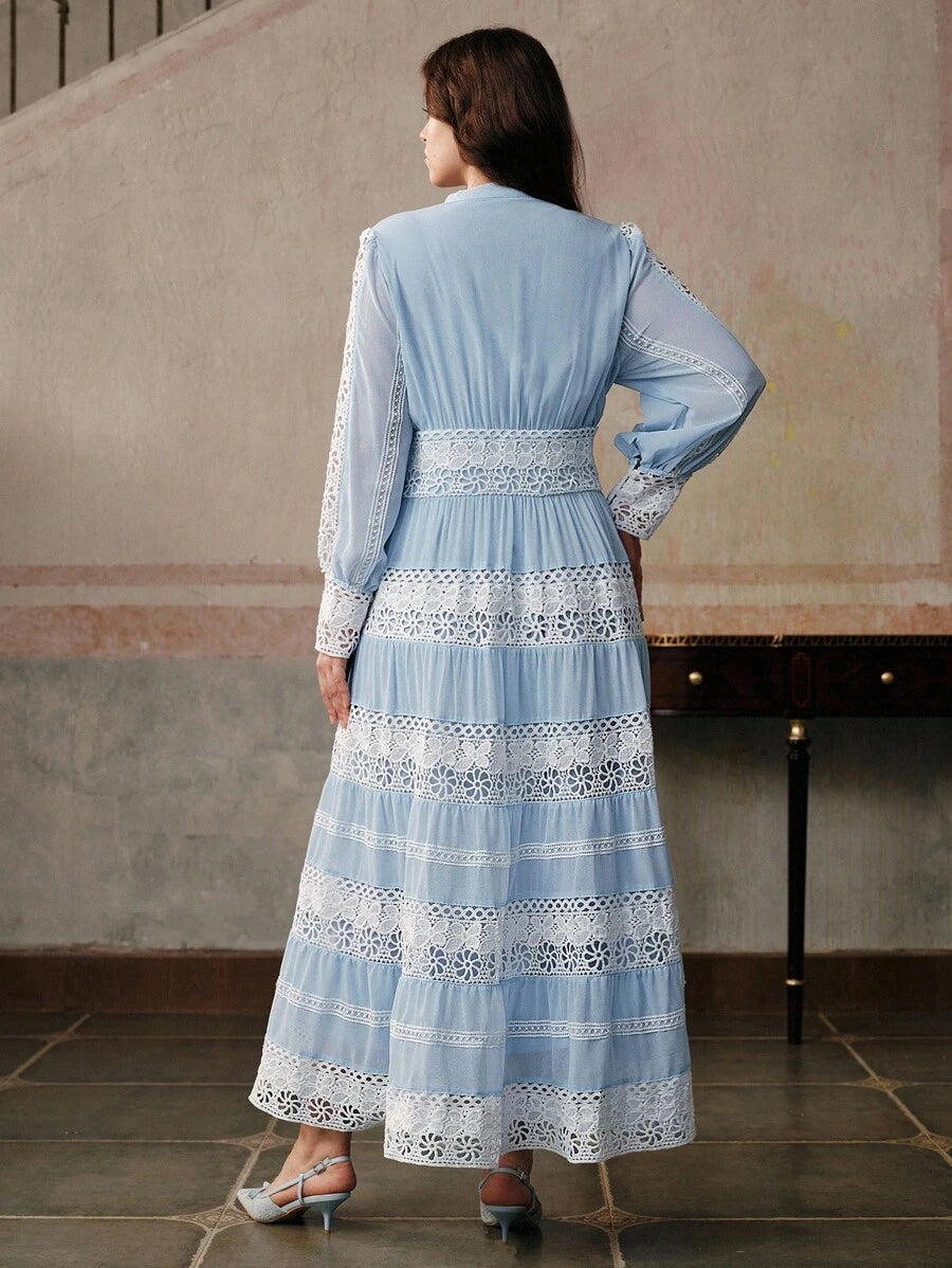 French Fashion Palace Hollow Splice Soft Lace Trim Maxi Dress