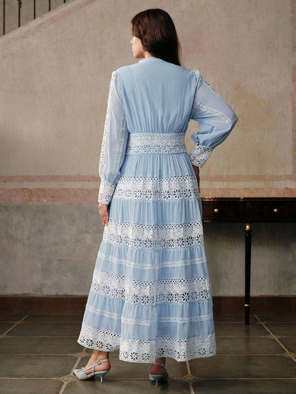 French Fashion Palace Hollow Splice Soft Lace Trim Maxi Dress
