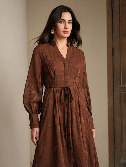 Elegant Floral V-Neck Lantern Sleeve Waist Cinched Dress
