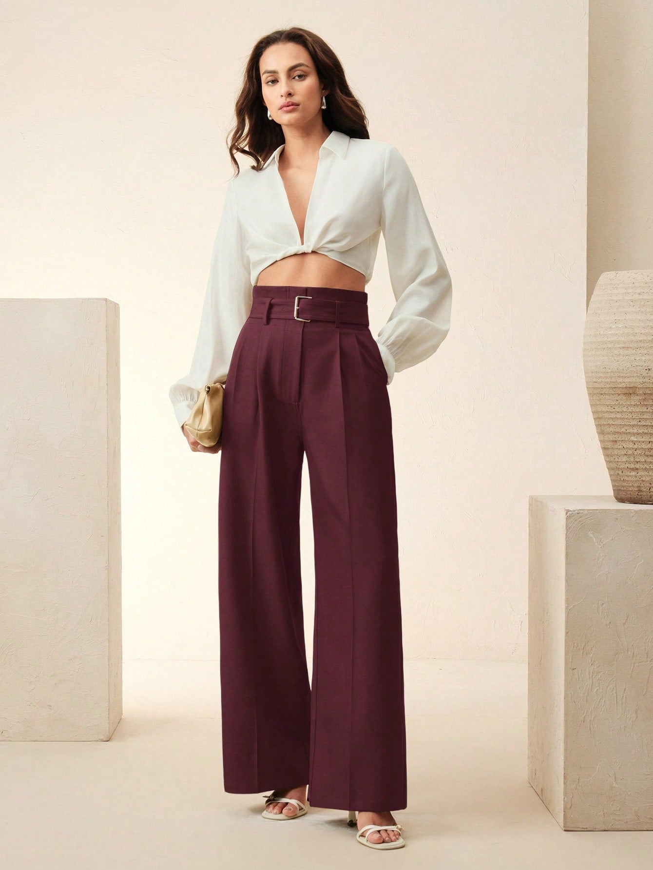 Women's Solid Color Pleated Wide Leg Pants