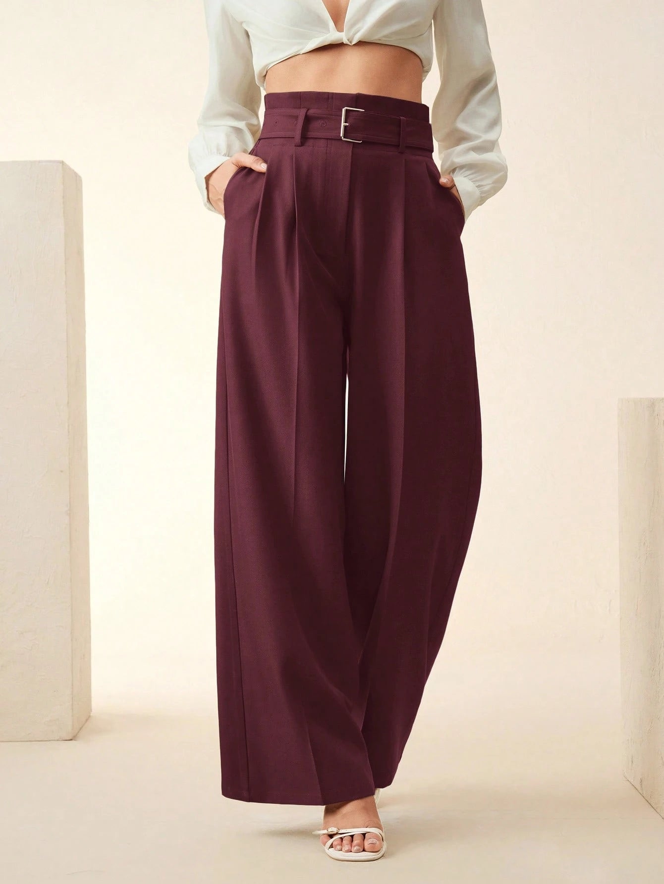 Women's Solid Color Pleated Wide Leg Pants